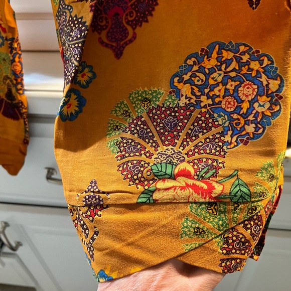 XXL PANTALÓN tulip hem yellow & green abstract floral elastic waist crop pants - Picture 7 of 8